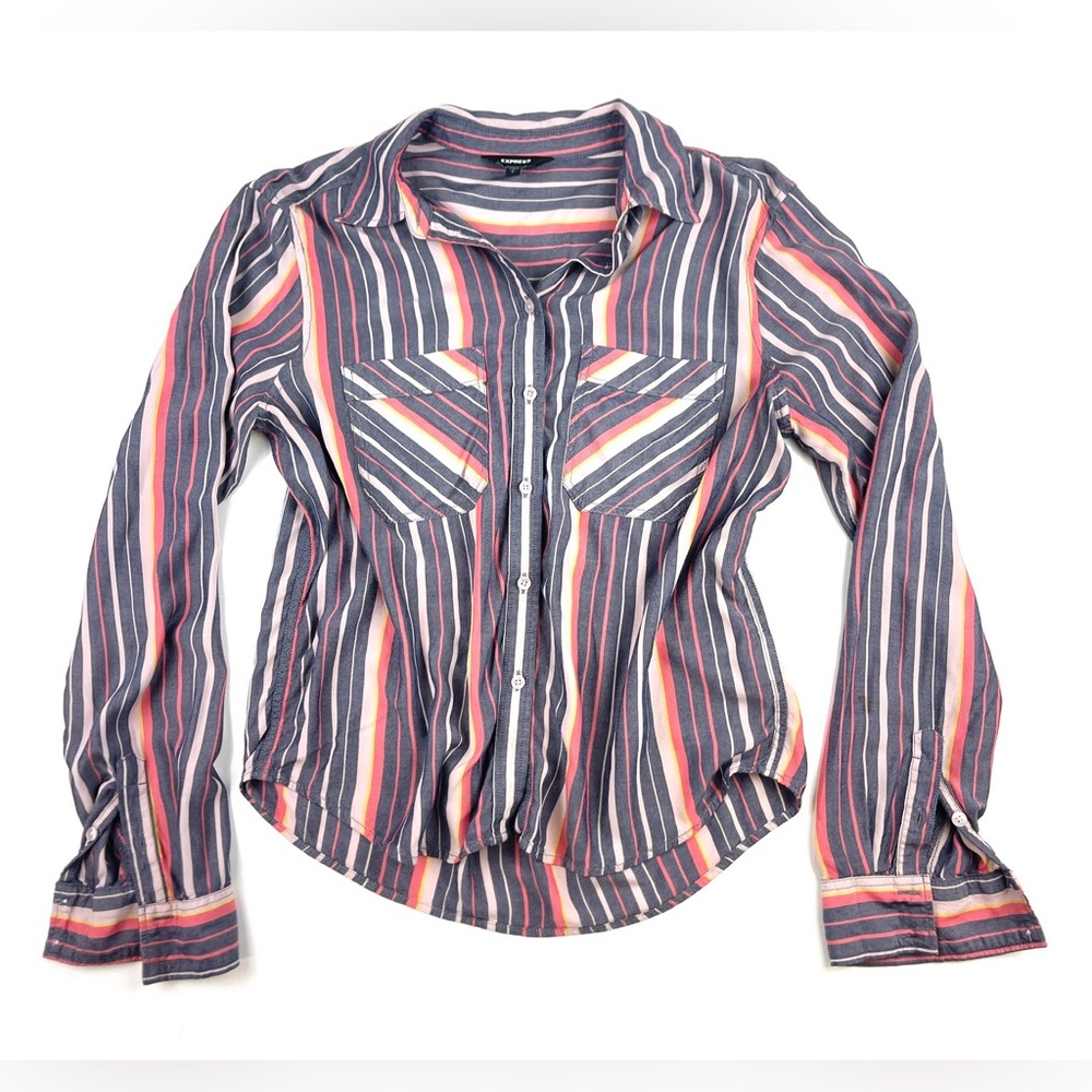 Women’s Express Long Multicolor Sleeve Button Up Blouse Size Small - Picture 1 of 4
